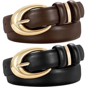 Womens Skinny Leather Belt 2Pack Gold Buckle Adjustable Waist Belt for Jeans Pan